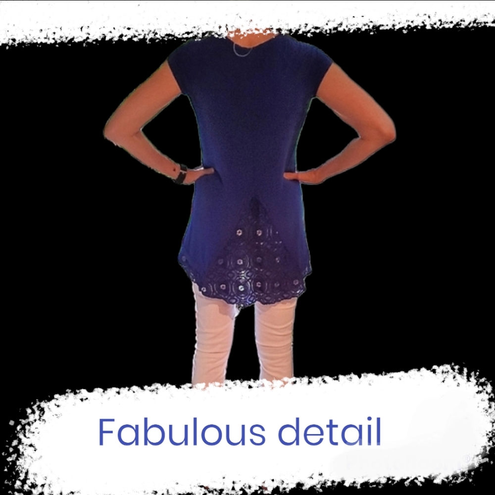 🍒Anthropologie Lace Edge Bordeaux Blue Tunic Top CYA - Picture 3 of 12